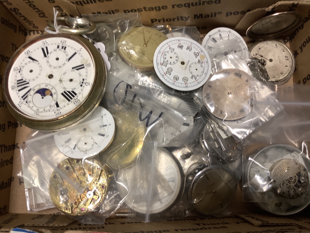 Large quantity of assorted pocket watches and movements and parts etc. including a large base metal calendar moonphase watch, most items a.f.